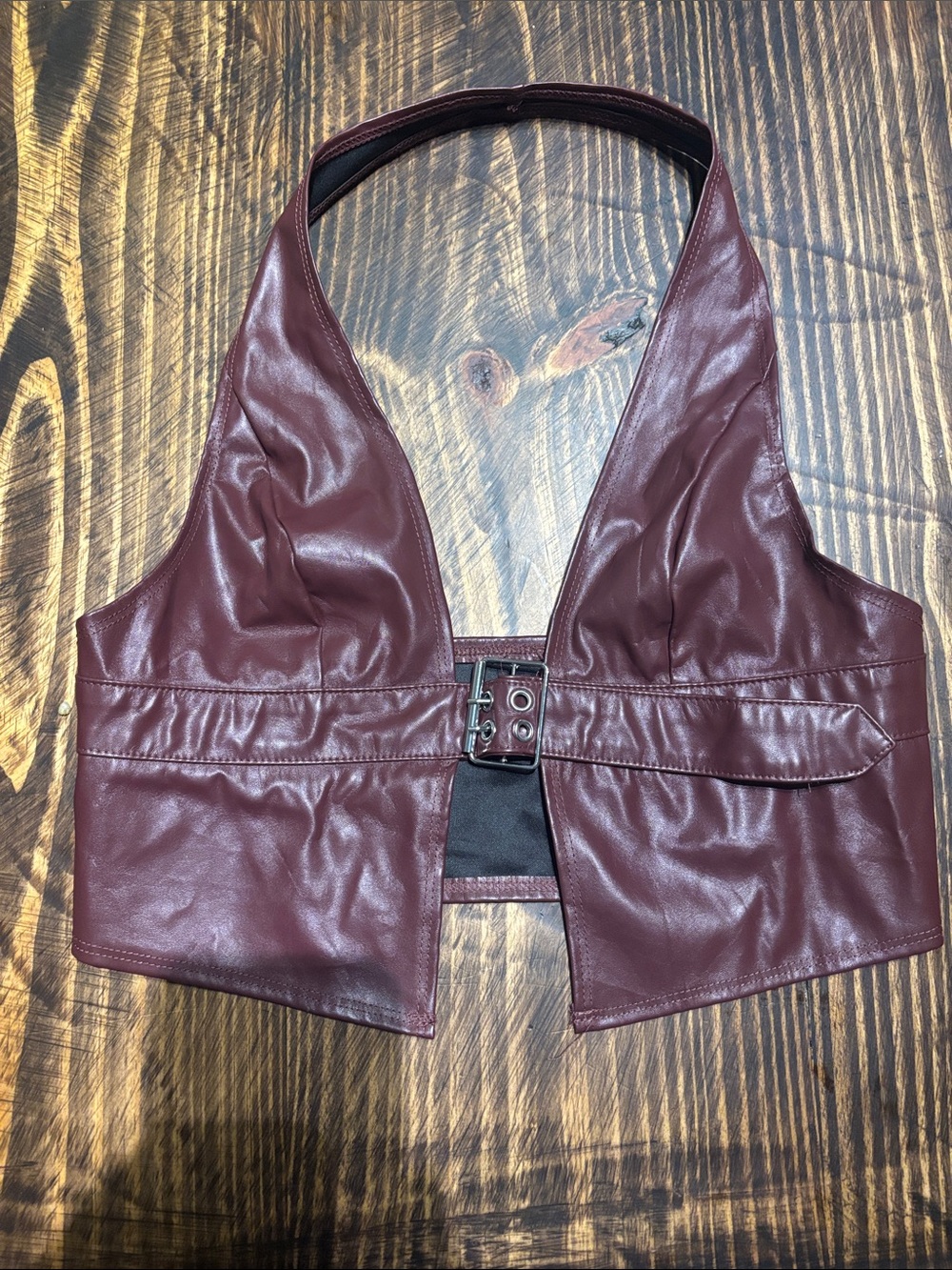 SHEIN Burgundy Faux Leather Halter Buckle Vest